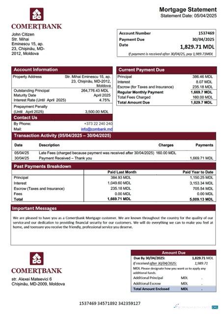 Download Moldova Comerțbank mortgage statement Word and PDF template Photoshop template